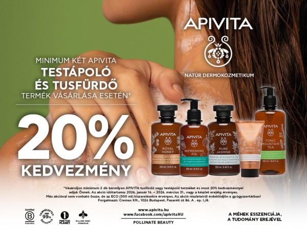 MINDEN APIVITA TUSFÜRDŐ ÉS TESTÁPOLÓ TERMÉK VÁSÁRLÁSA ESETÉN 20% KEDVEZMÉNY. EZ MÁR MAJDNEM 30% KEDVEZMÉNY A PATIKAI ÁRHOZ KÉPEST.