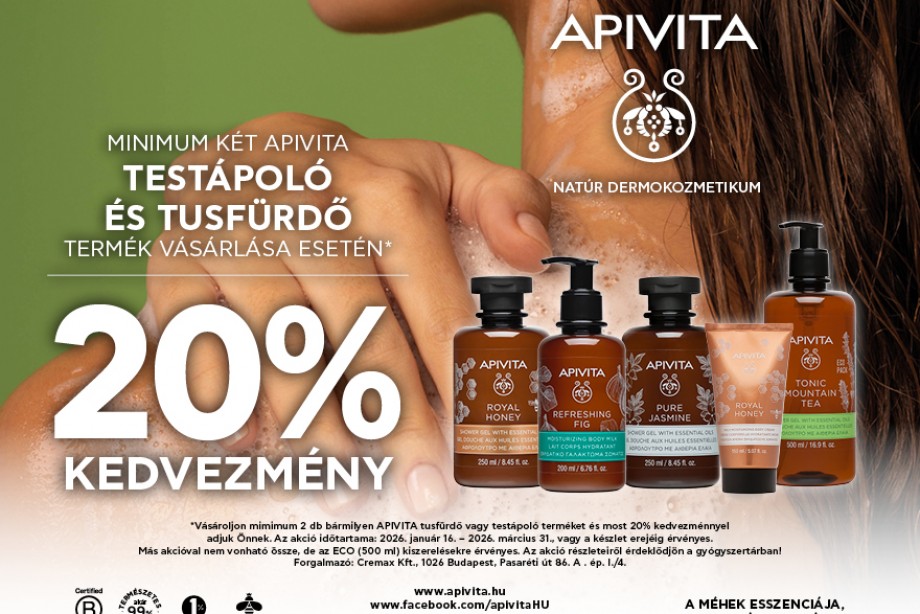 MINDEN APIVITA TUSFÜRDŐ ÉS TESTÁPOLÓ TERMÉK VÁSÁRLÁSA ESETÉN 20% KEDVEZMÉNY. EZ MÁR MAJDNEM 30% KEDVEZMÉNY A PATIKAI ÁRHOZ KÉPEST.